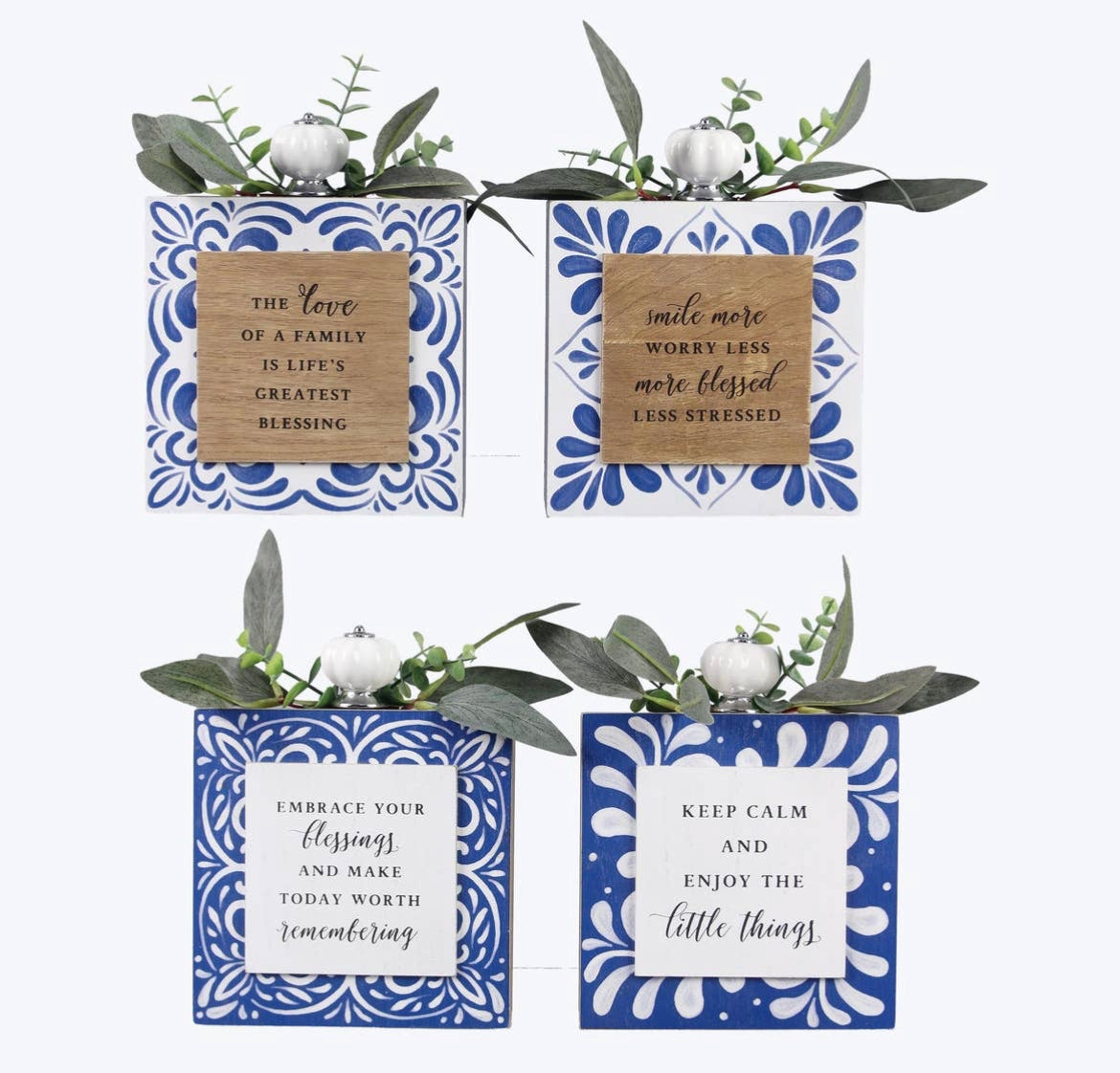 Blue and white wood signs