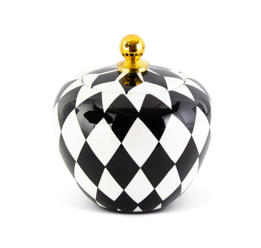 Black white gold harlequin lidded container 7”
