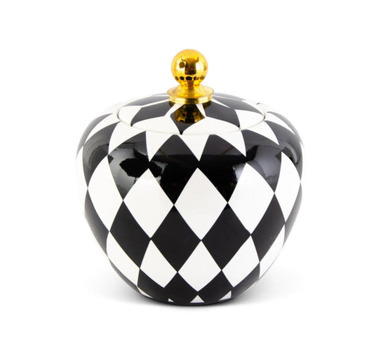 Black white gold harlequin lidded container 7”